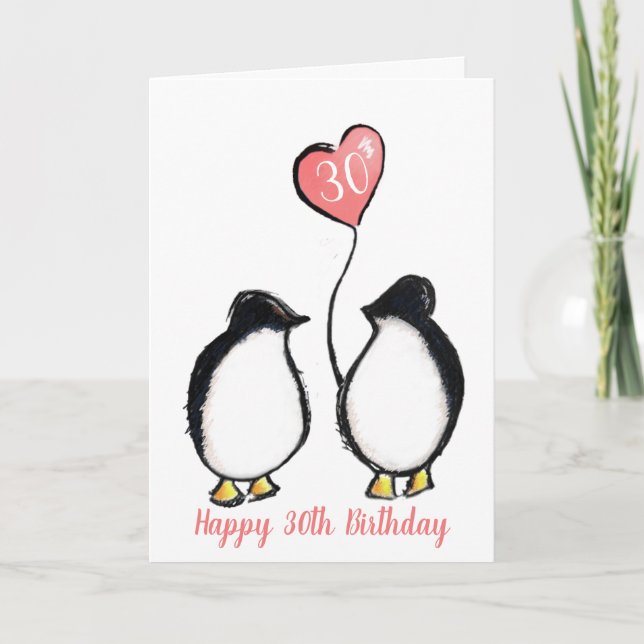 Carte 30e anniversaire femme / petite amie coeur pingoui (Devant)