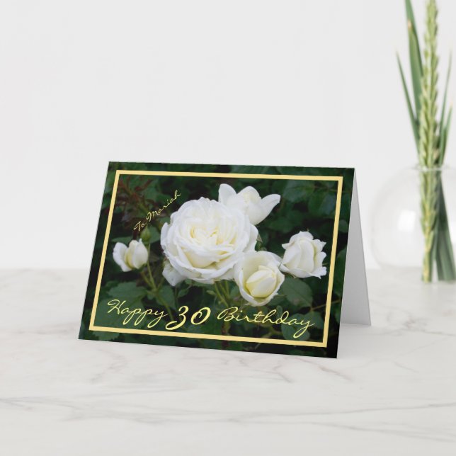 Carte 30e anniversaire Mariah White Roses moderne Or Fra (Devant)