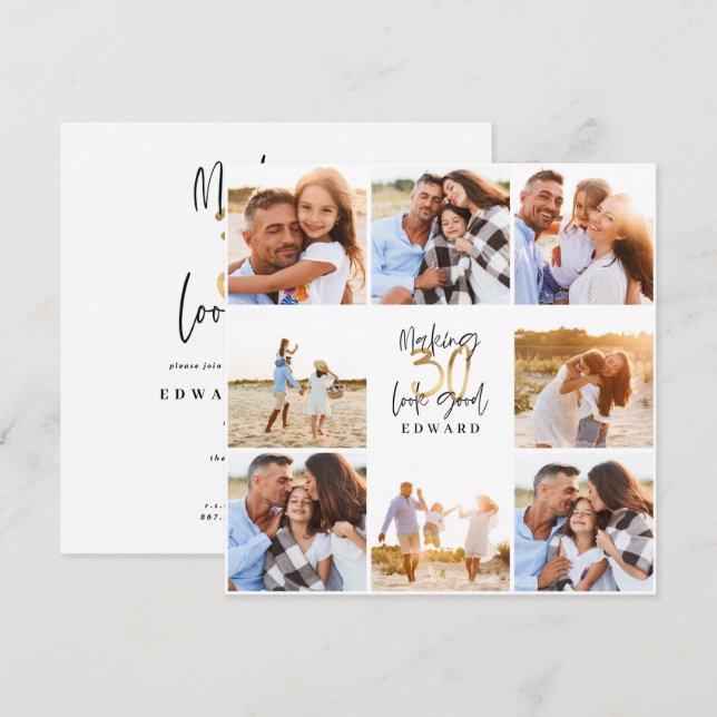 Carte 30e anniversaire moderne noir et or photo collage (Devant / Derrière)