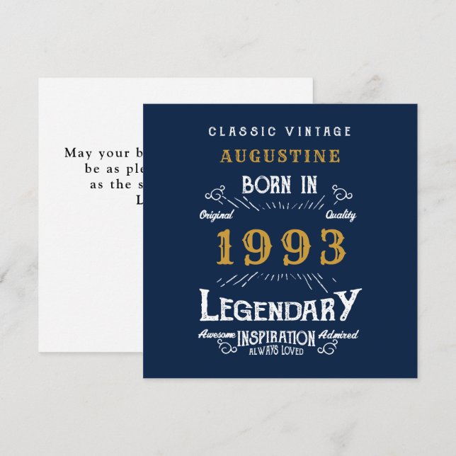 Carte 30e anniversaire Né 1993 Légende Blue Gold Greetin (Devant / Derrière)