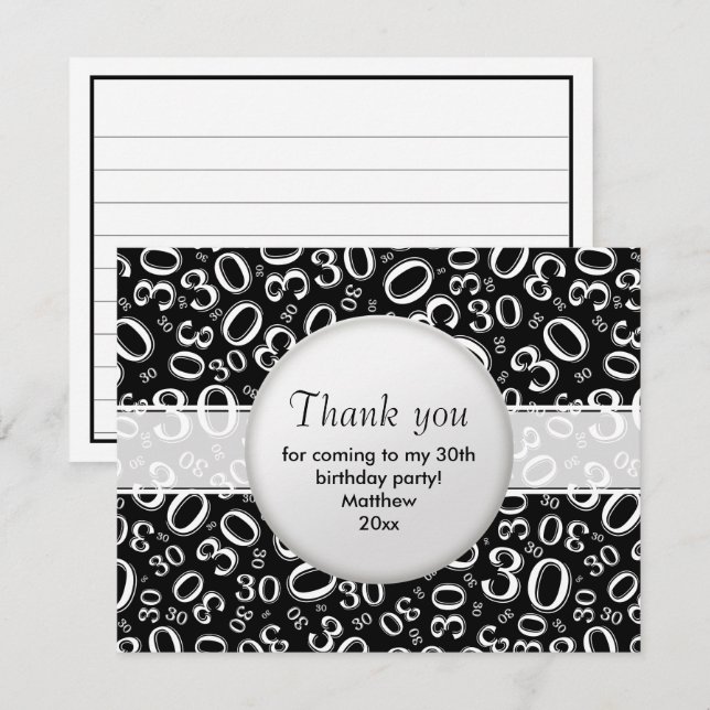 Carte 30e anniversaire : Noir/Blanc Motif numérique (Devant / Derrière)