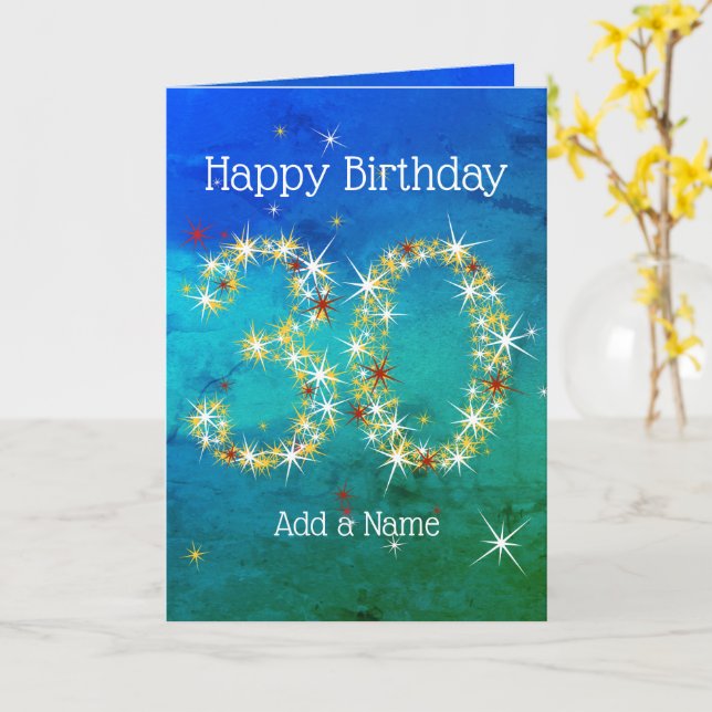 Carte 30e anniversaire - Nombres d'étoiles - Vert bleu - (Fleur jaune)