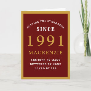 Carte 30e anniversaire personnalisé 1991 chic rouge or