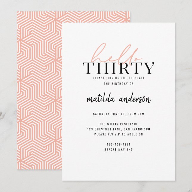 Carte 30e anniversaire script moderne géométrique pêches (Devant / Derrière)