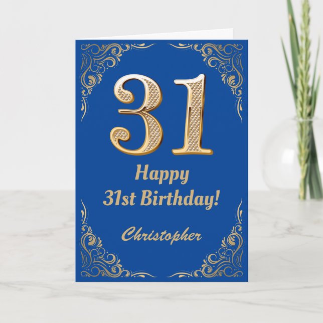 Carte 31e anniversaire Cadre Parties scintillant bleu et (Devant)