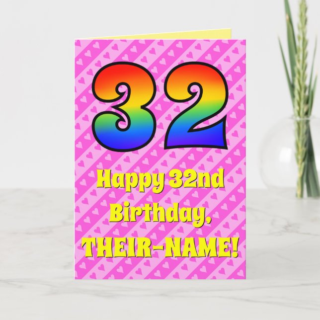 Carte 32e anniversaire : Pink Stripes & Hearts, Arc-en-c (Devant)