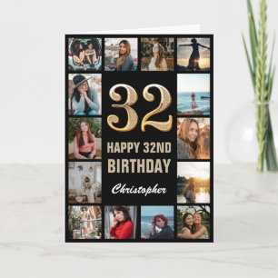 Carte 32e Joyeux Anniversaire Black and Gold Photo Colla