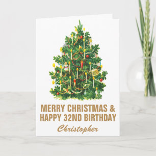 Carte 32e Joyeux Anniversaire et Joyeux Arbre de Noël
