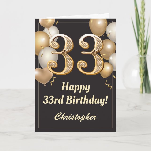 Carte 33e anniversaire Ballons Noir et Or Confetti (Devant)