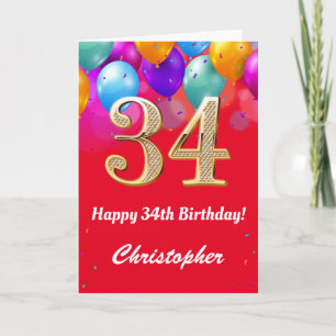 Carte 34e anniversaire Ballons rouges et dorés