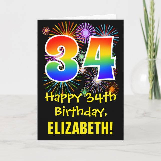 Carte 34e anniversaire : Fun Fireworks Motif + Rainbow 3 (Devant)