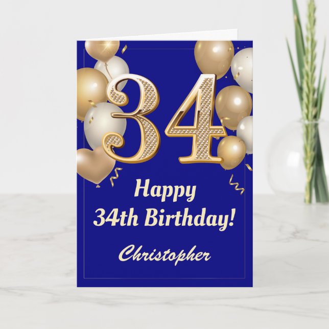 Carte 34e anniversaire Marine Bleu et Ballons d'or Confe (Devant)