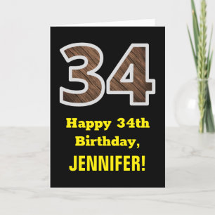 Carte 34e anniversaire : Nom, Motif Faux Wood Grain "34"