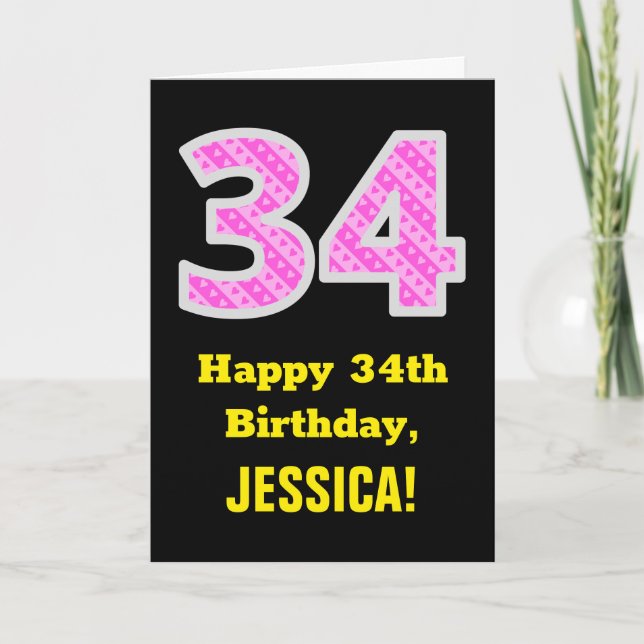 Carte 34e anniversaire : Pink Stripes and Hearts "34" +  (Devant)