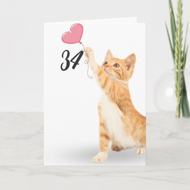 Carte 34e anniversaire tabby chat avec ballon cardiaque (Devant)