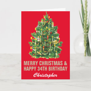 Carte 34e Joyeux anniversaire et Joyeux Noël Rouge & Or