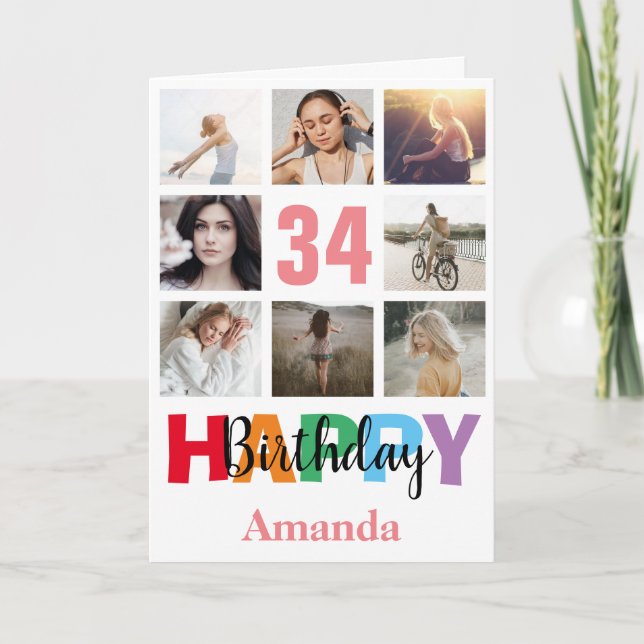 Carte 34e Joyeux Anniversaire Photo Collage rose moderne (Devant)