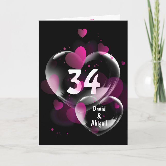 Carte 34ème Anniversaire Bulles cardiaques sur Noir (Devant)