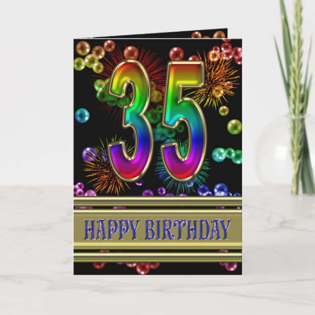 Carte 35e anniversaire avec bulles arc-en-ciel et feux d (Devant)