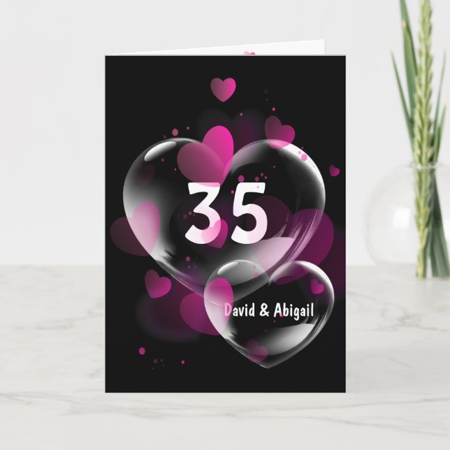 Carte 35e anniversaire Bubbles de coeur rose sur noir (Devant)