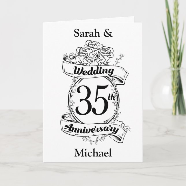 Carte 35e anniversaire du Mariage Fleurs noir et blanc (Devant)