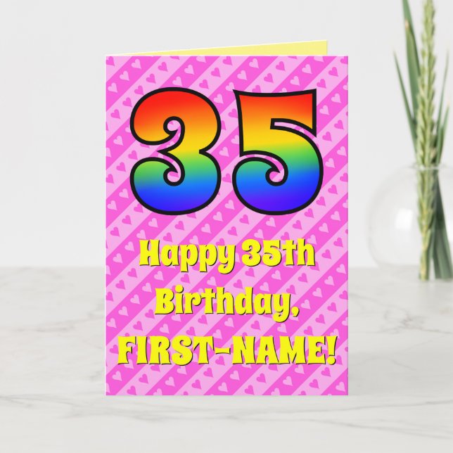 Carte 35e anniversaire : Pink Stripes & Hearts, Arc en c (Devant)