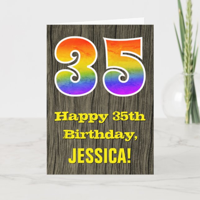 Carte 35e anniversaire : Rustic Faux Wood Look, Arc-en-c (Devant)