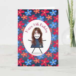 Carte 35e Anniversaire Stick Girl and Daisies On Denim