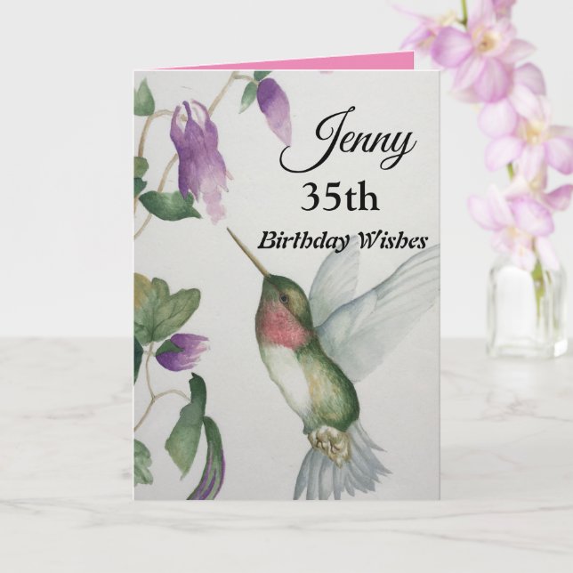 Carte 35e joli colibri Joyeux anniversaire (Orchidée)
