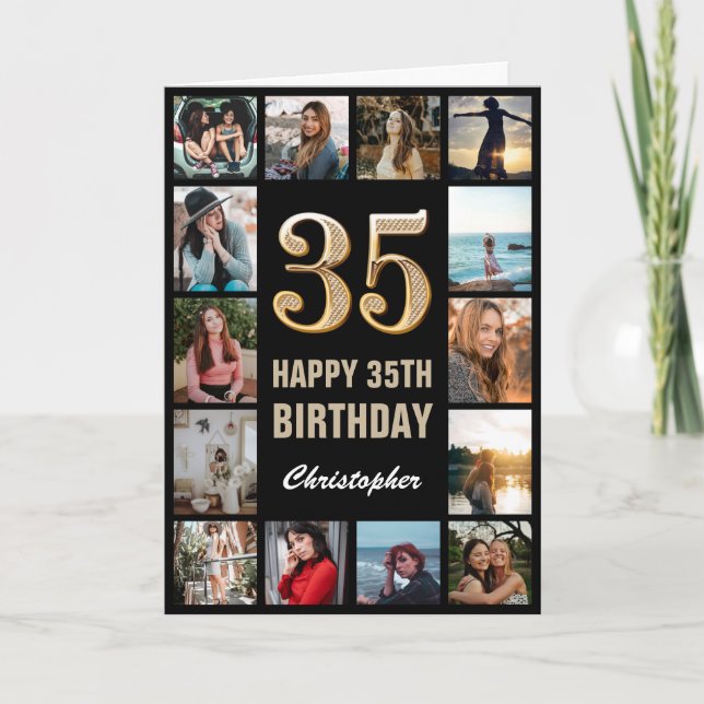 Carte 35e Joyeux Anniversaire noir et or Collage photo (Devant)