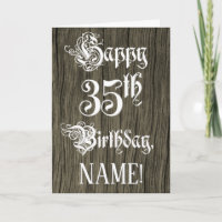 35th Birthday: Fancy, Elegant Text; Faux Wood Look