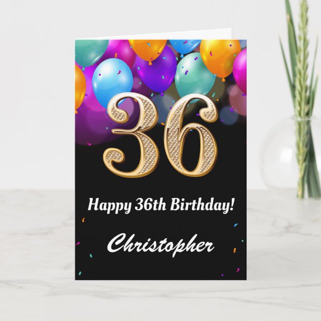 Carte 36e anniversaire Ballons noirs et dorés (Devant)