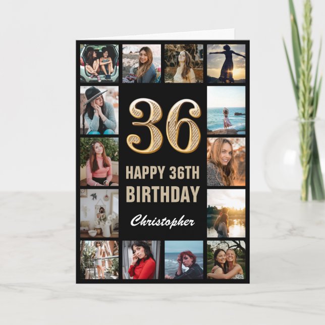 Carte 36e Joyeux anniversaire noir et or Collage photo (Devant)