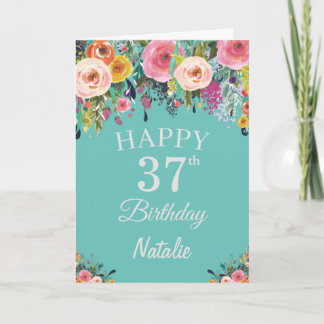 Carte 37e anniversaire Aquarelle Florale Fleurs Turquois