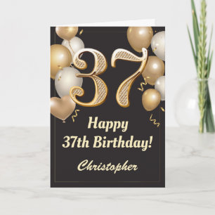 Carte 37e anniversaire Ballons Noir et Or Confetti