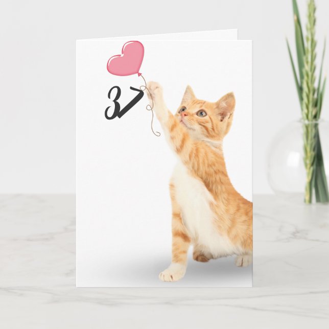 Carte 37e anniversaire tabby chat avec ballon cardiaque (Devant)