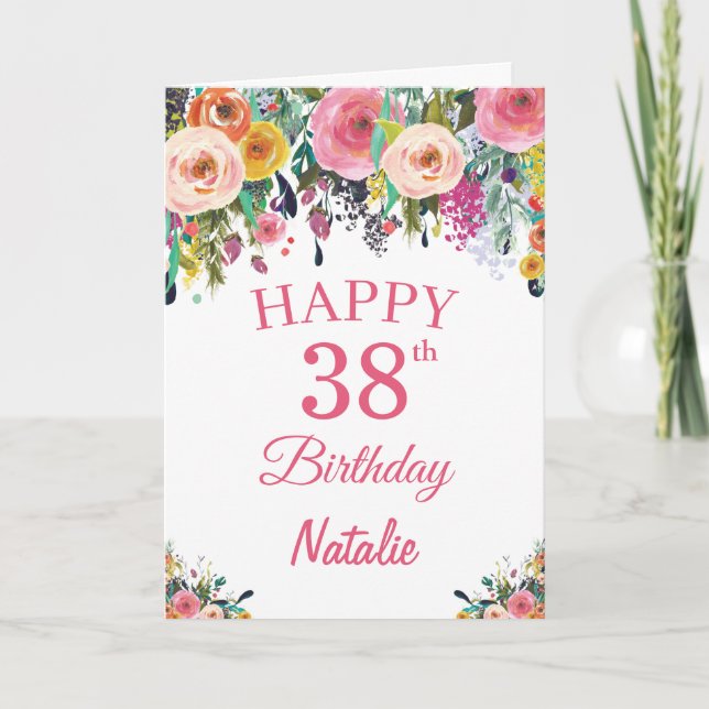 Carte 38e anniversaire Aquarelle Florale Fleurs rose Car (Devant)