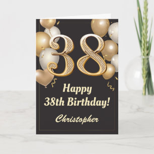 Carte 38e anniversaire Ballons Noir et Or Confetti