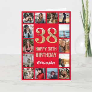 Carte 38e Joyeux Anniversaire Collage photo rouge et or