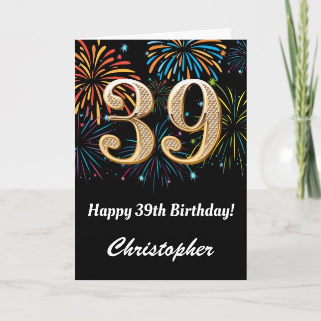 Carte 39e anniversaire Rainbow Fireworks noir et or (Devant)