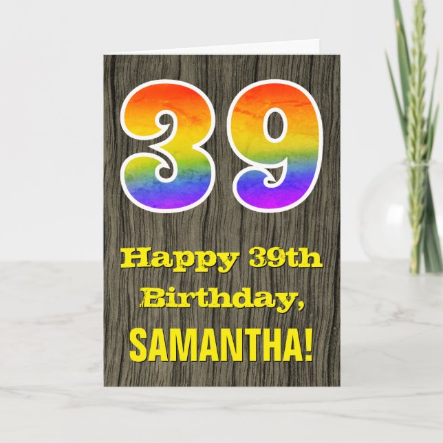 Carte 39e anniversaire : Rustic Faux Wood Look, Arc-en-c (Devant)
