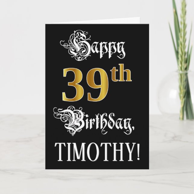 Carte 39e anniversaire — Script fantaisie; look or Faux; (Devant)
