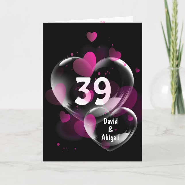 Carte 39ème Anniversaire Bulles cardiaques sur Noir (Devant)