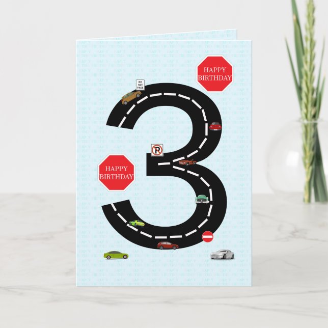 Carte 3 ans, 3 ans, voitures jouets et route (Devant)