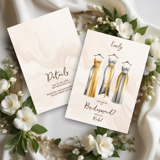 Carte 3 Exquisite Bridesmaid Dresses Watercolor Ask (Glam 3 Exquisite Bridesmaid in Faux Gold & Faux Silver Effect Dresses Watercolor Effect Proposal Car)