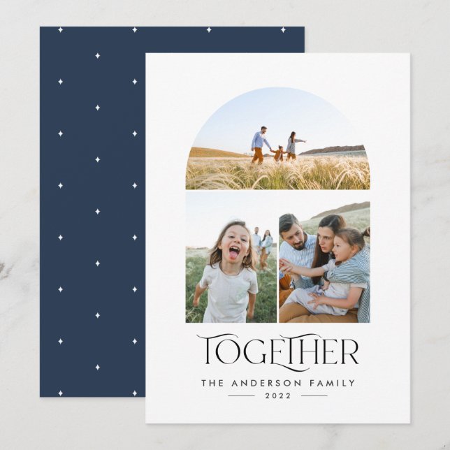 Carte 3 photo moderne arche bleue ensemble typographie (Devant / Derrière)