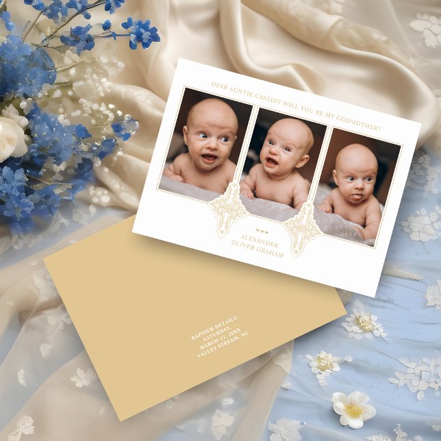 Carte 3 Photos Collage Flourish Fake Effect Godparents  (3 Photos Collage Flourish Fake Effect Godparents Proposal Card with Envelope. )