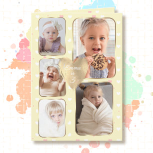 Carte 3e anniversaire 5 photos cœurs roses or jaune