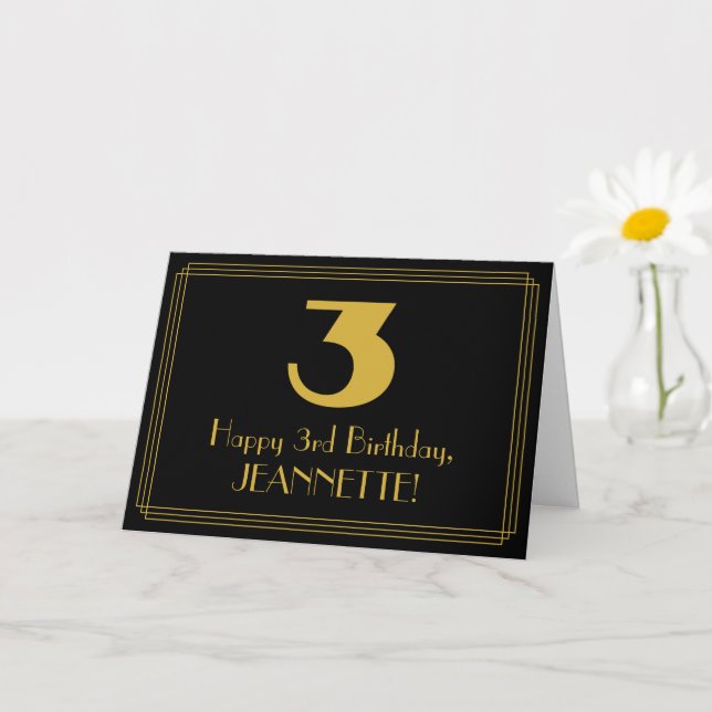 Carte 3e anniversaire : Art Déco Inspiré Look "3" & Nom (Petite plante)
