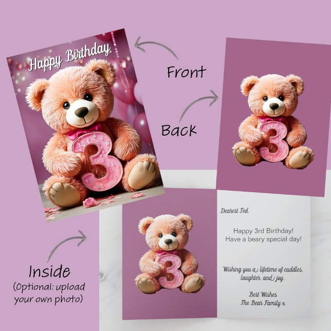 Carte 3e anniversaire fille mignonne ours en peluche et  (Baby girl 3 third birthday card. Cream teddy bear holds number 3. Pink party balloons)